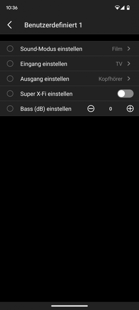 Benutzerdefinierte Tasten der Creative SXFI CARRIER Soundbar in der App, Detailansicht