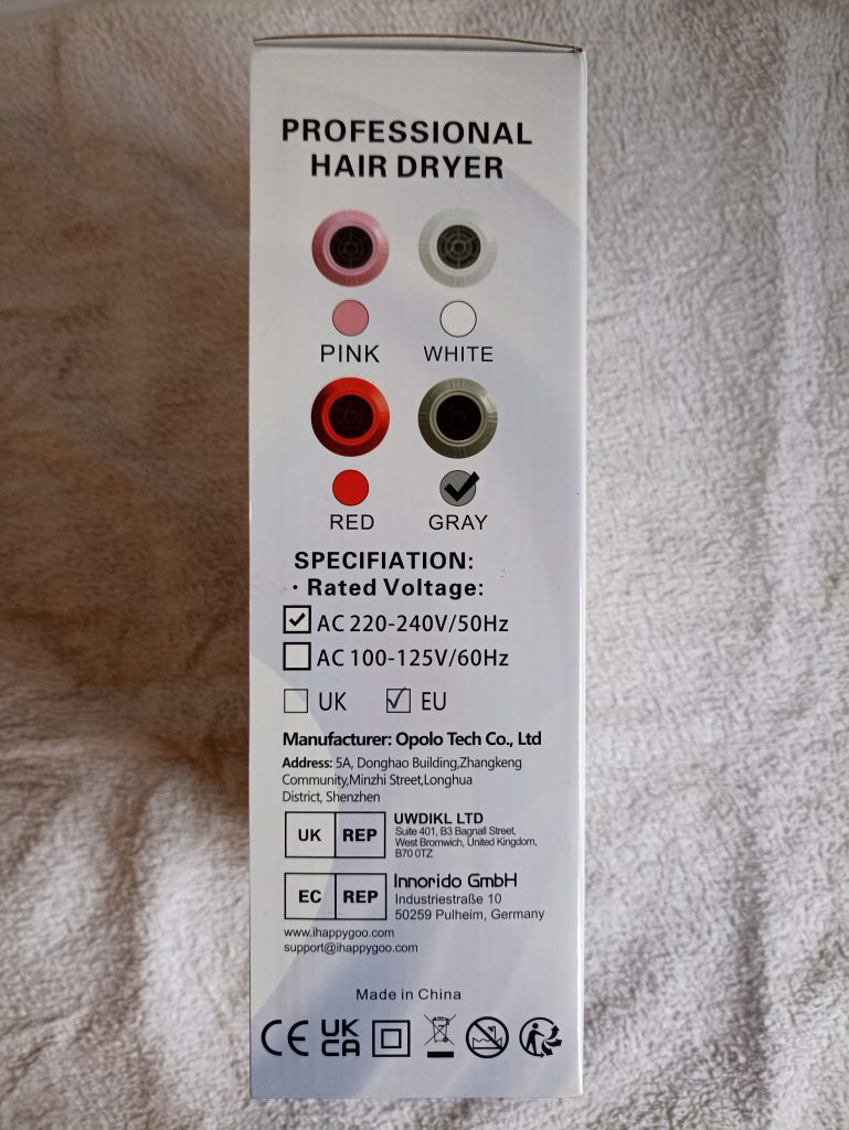 HappyGoo - Haartrockner, Seitenansicht Verpackung 2