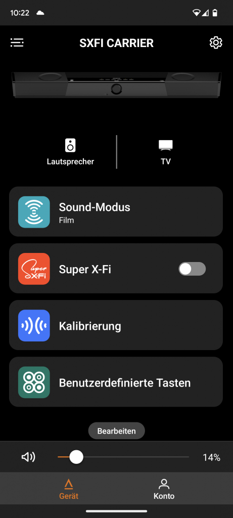 Hauptbildschirm der App der Creative SXFI CARRIER Soundbar