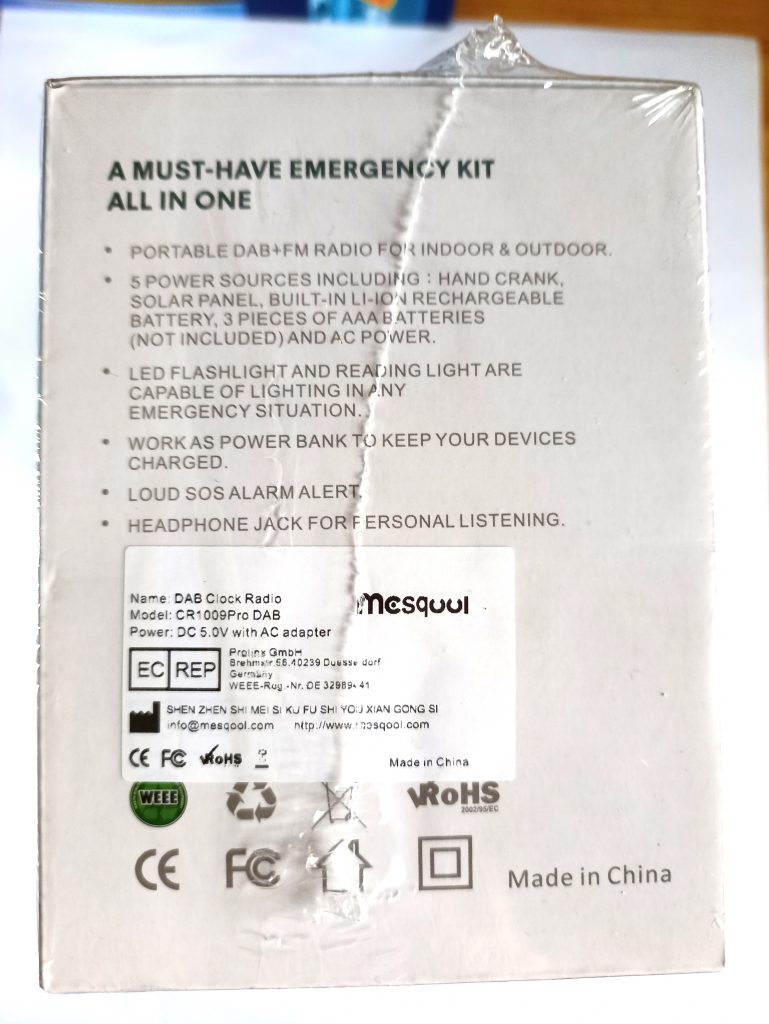 Mesquool CR 1009 Pro Kurbelradio, Seitenansicht Verpackung 2