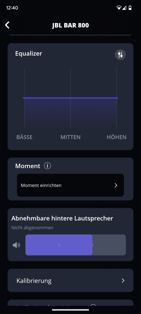 Soundeinstellungen der JBL Bar 800 Soundbar in der App, erste Ansicht