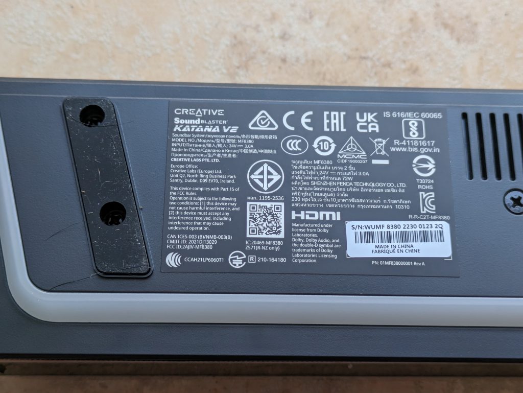 Typschild der Creative Soundblaster Katana V2 Soundbar