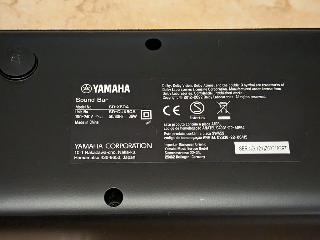 Typschild der Yamaha True X Bar 50A Soundbar