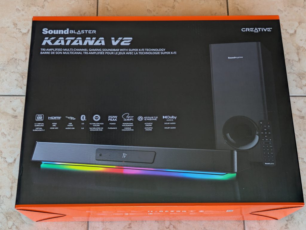 Verpackung der Creative Soundblaster Katana V2 Soundbar von vorne