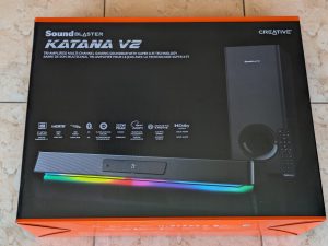 Verpackung der Creative Soundblaster Katana V2 Soundbar von vorne
