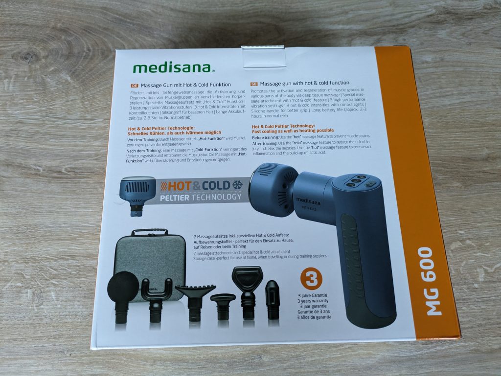 Verpackung der Medisana MG600 Massagepistole von hinten