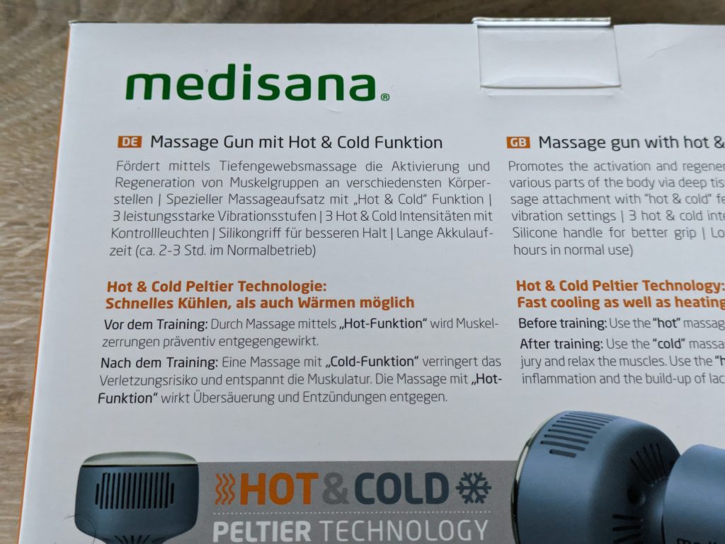 Verpackung der Medisana MG600 Massagepistole von hinten, in der Nahansicht