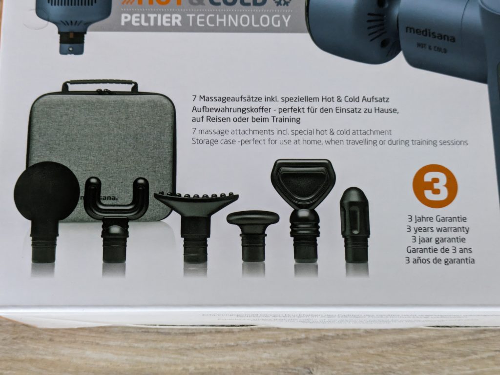 Verpackung der Medisana MG600 Massagepistole von hinten in der zweiten nahansicht