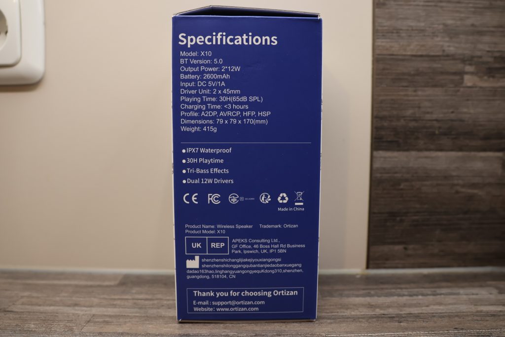 Ortizan X10 Bluetooth-Lautsprecher Karton Rückseite