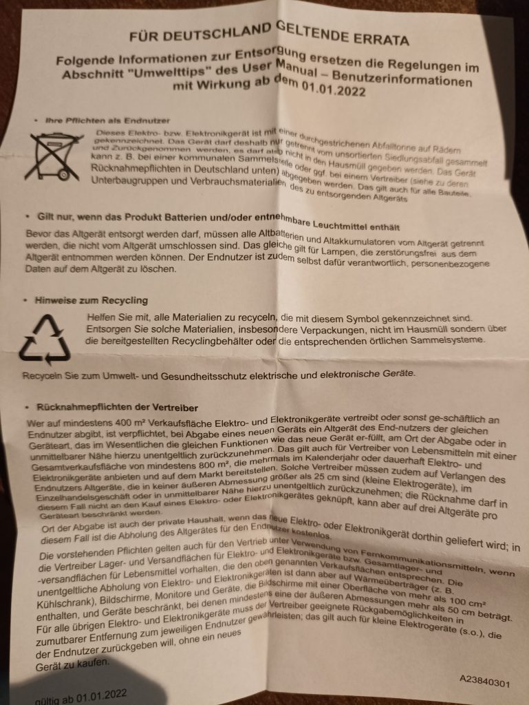 AEG VS4-1-4AG Vakuumierer, ins Gerät eingelegter Zettel