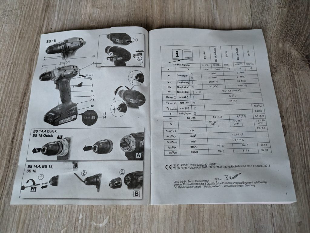 Anleitung des Metabo BS 18 Akku-Bohrschraubers von vorne, geöffnet
