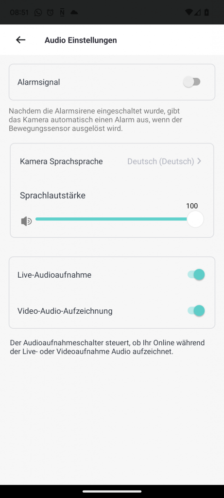 App der NETVUE Birdfy Wildkamera, Audioeinstellungen