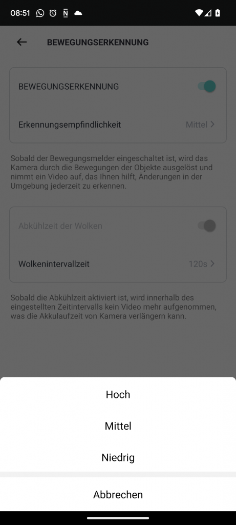 App der NETVUE Birdfy Wildkamera, Bewegungserkennung und deren Stufen