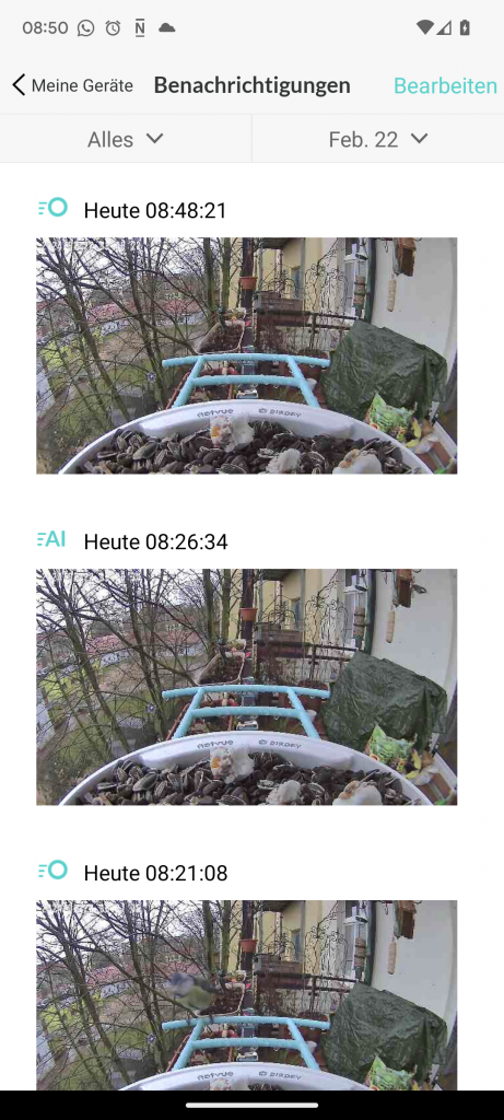 App der NETVUE Birdfy Wildkamera, Event-Ansicht