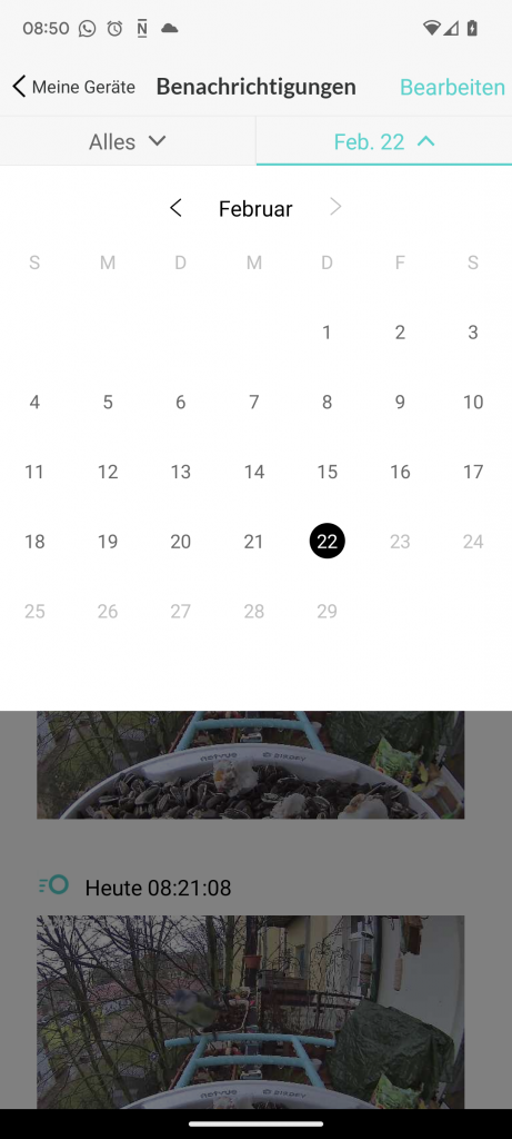 App der NETVUE Birdfy Wildkamera, Kalenderansicht