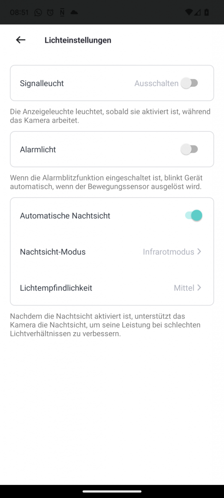 App der NETVUE Birdfy Wildkamera, Lichteinstellungen