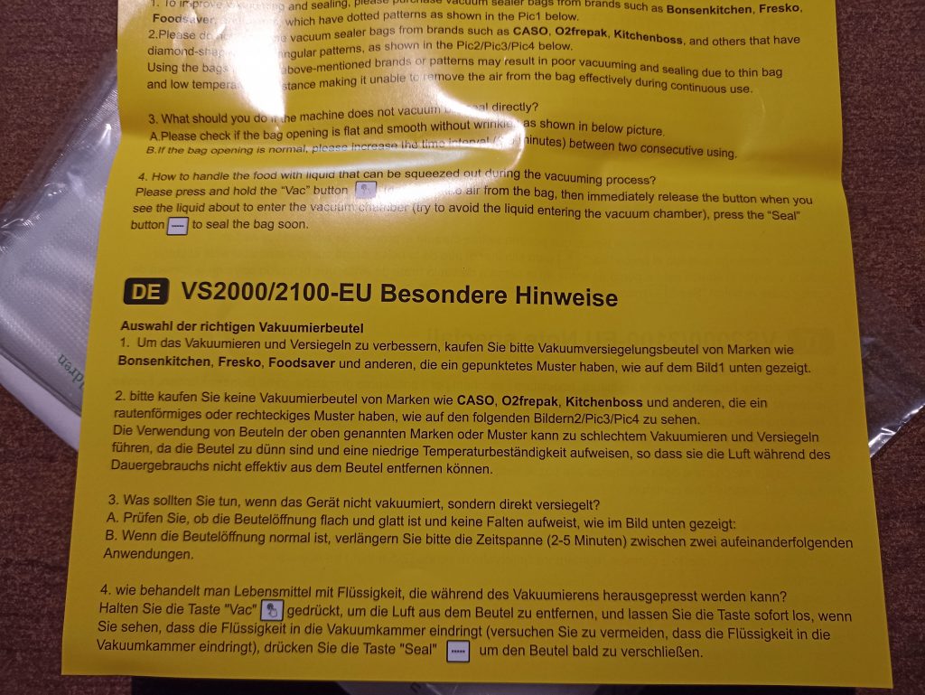 Bonsenkitchen VS2000 Vakuumierer, Besonderer Hinweis Zettel