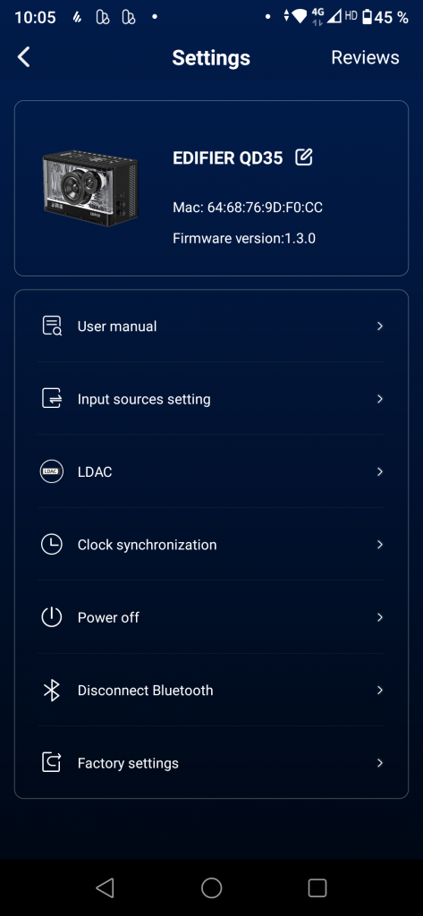 Edifier QD35 Bluetooth-Lautsprecher Einstellungen Screenshot