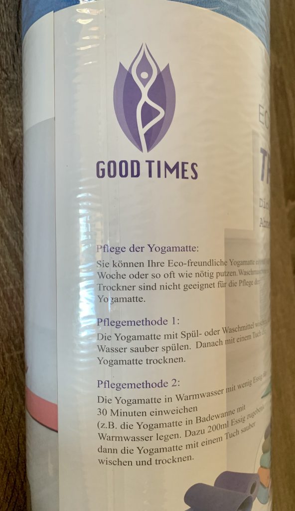 Good Times Yogamatte Nahaufnahme Pflegehinweise auf der Banderole