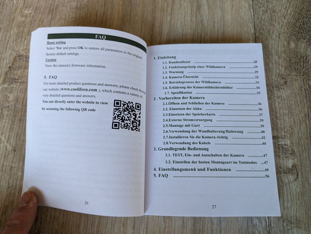 Handbuch der Coolife H881 Wildkamera geöffnet