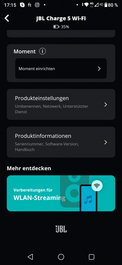 JBL Charge 5 Wi-Fi App Screenshot Einstellungen