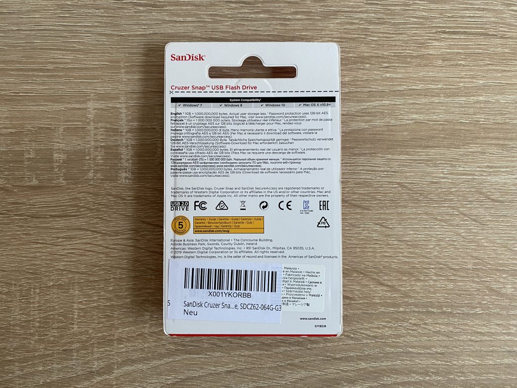 SanDisk Cruzer Snap USB-Stick Verpackung Rückseite
