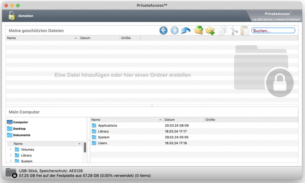 SanDisk Ultra USB-Stick PrivatAccess Oberfläche