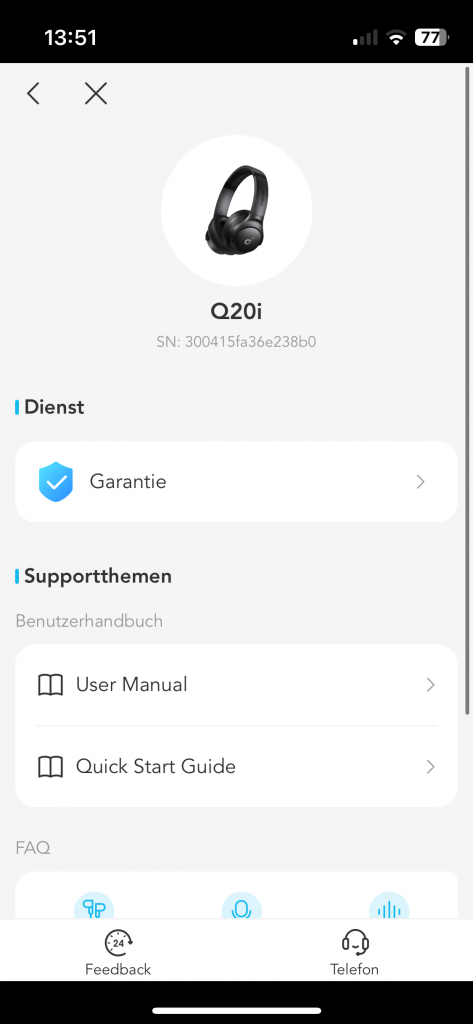 Anker Soundcore Q20i Over_Ear-Kopfhörer App Untermenü Hilfethemen und Garantie