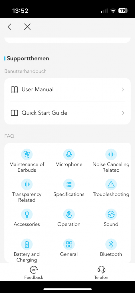 Anker Soundcore Q20i Over_Ear-Kopfhörer App Untermenü FAQ und Benutzerhandbuch