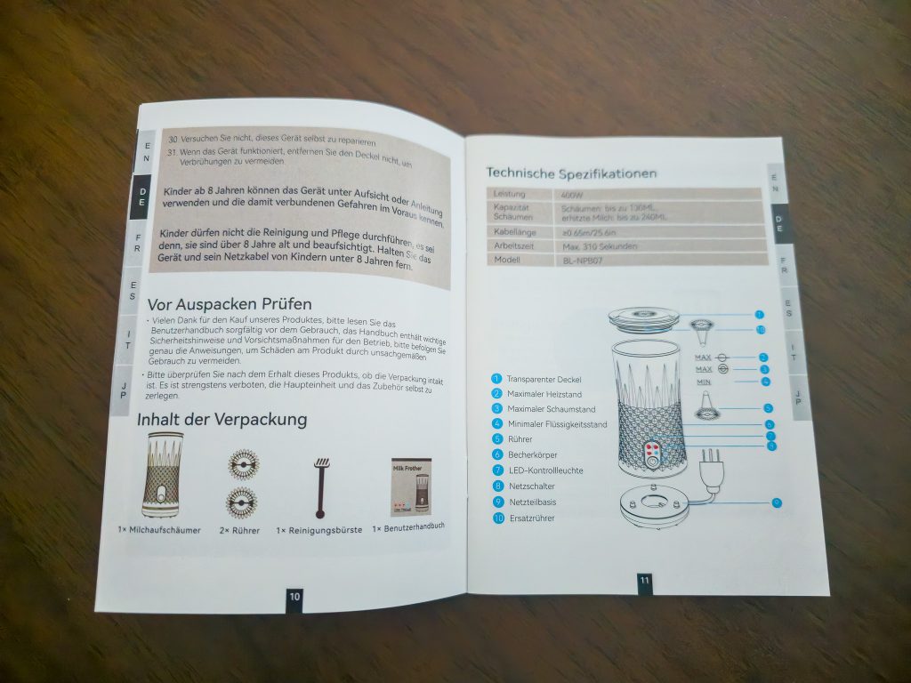 DREAMOON-Milchaufschäumer Gebrauchsanweisung geöffnet