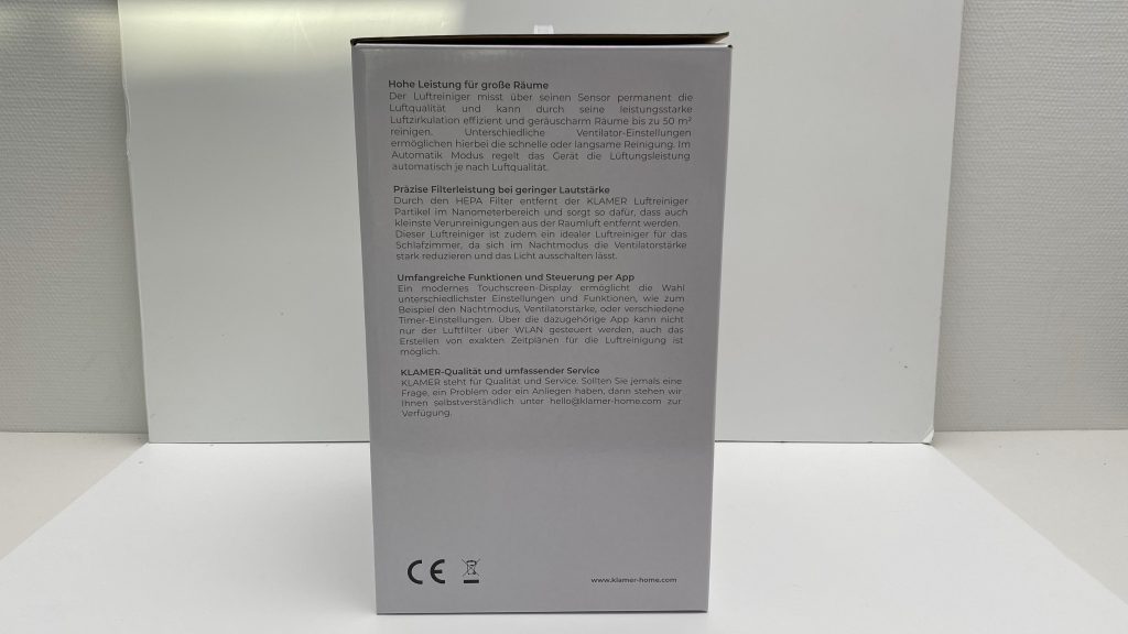 Klamer 300i Luftreiniger Verpackung Seite