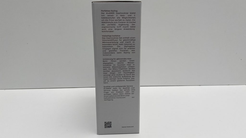 Klamer Haartrockner Verpackung Seite