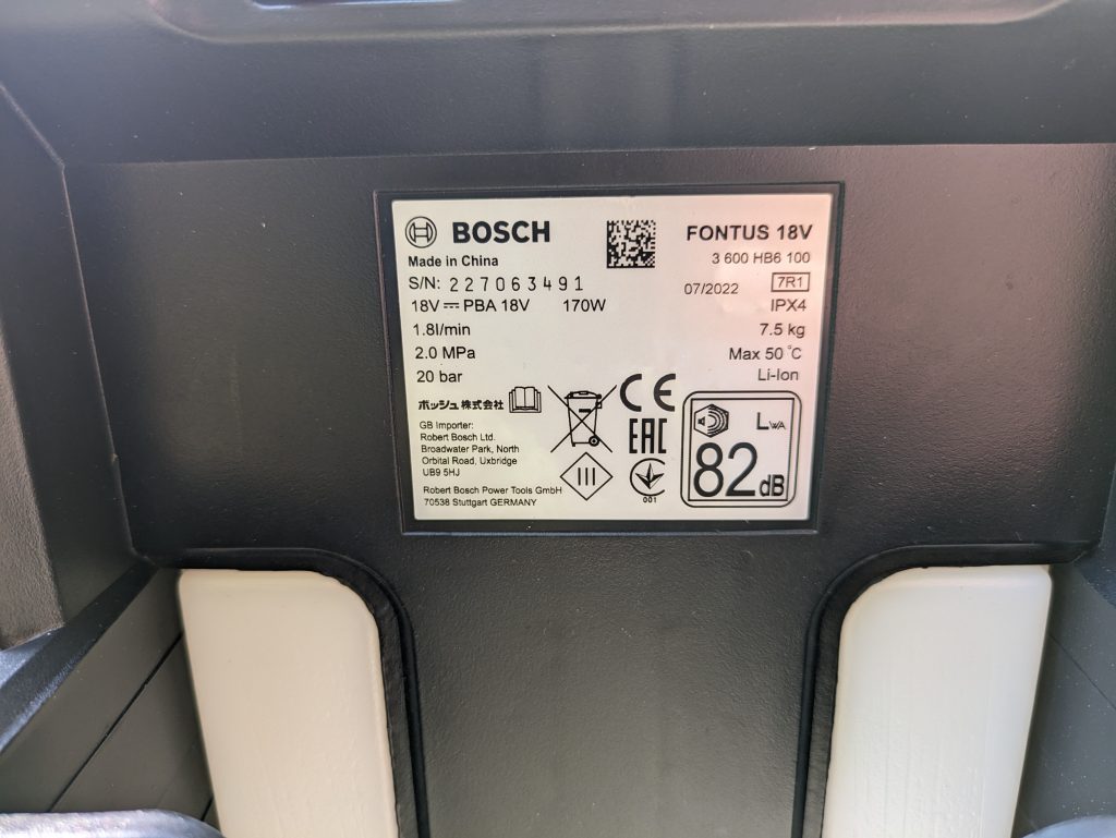 Typschild des Bosch Fontus Akku-Hochdruckreinigers