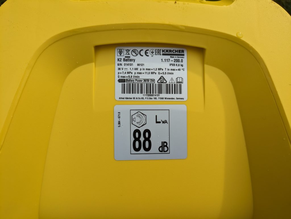Typschild des Kärcher K2 Akku-Hochdruckreinigers