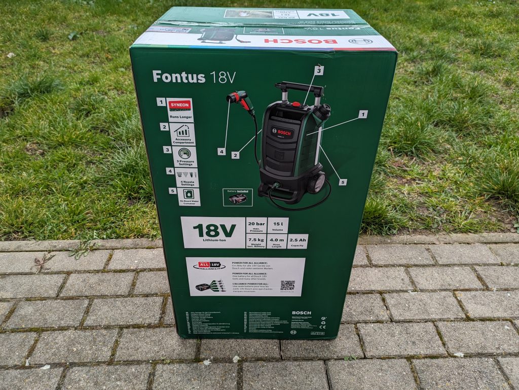 Verpackung des Bosch Fontus Akku-Hochdruckreinigers von hinten
