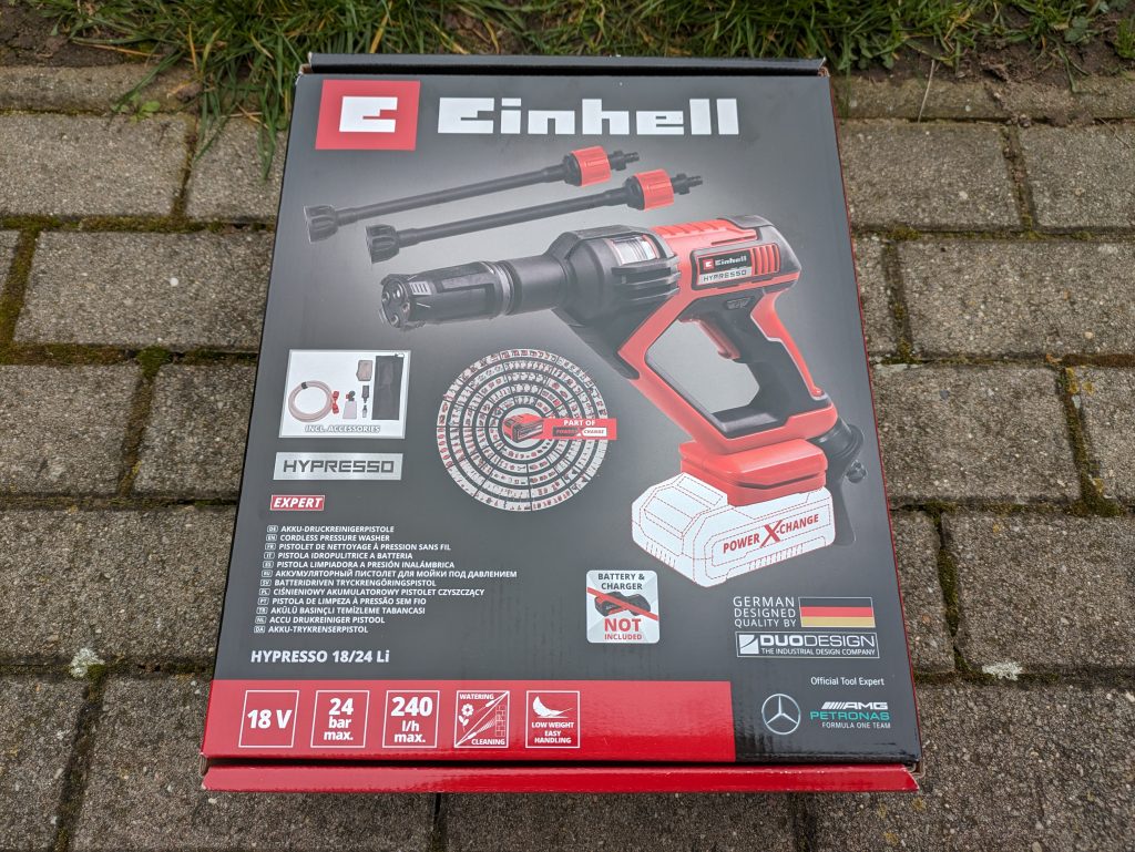 Verpackung des EInhell Hypresso Akku-Hochdruckreinigers von vorne