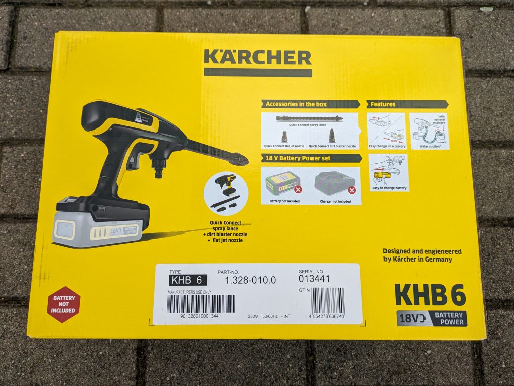 Verpackung des Kärcher KHB 6 Akku-Hochdruckreinigers von hinten