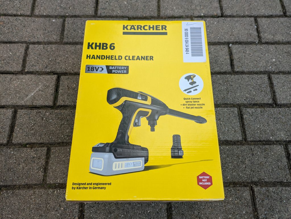 Verpackung des Kärcher KHB 6 Akku-Hochdruckreinigers von vorne
