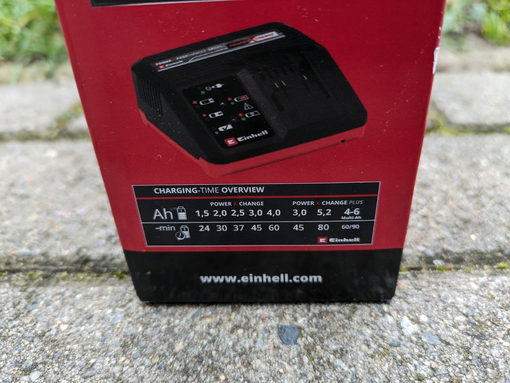 Verpackung des Ladegerätes des EInhell Hypresso Akku-Hochdruckreinigers von der Seite in der Nahansicht