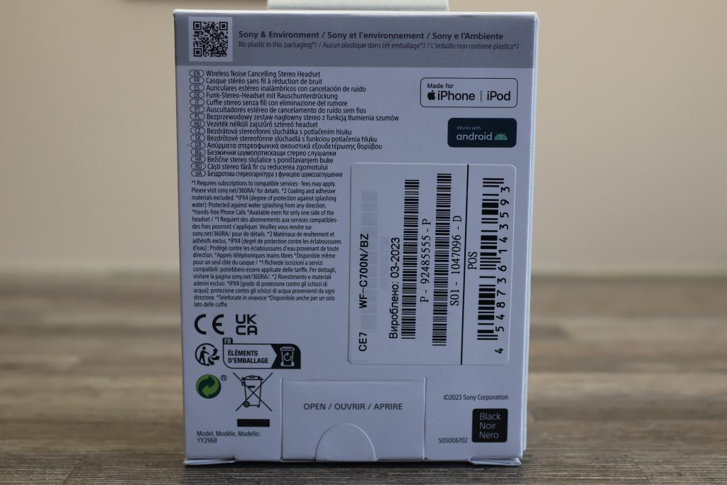 Sony WF-C700N Bluetooth-Kopfhörer Karton hinten