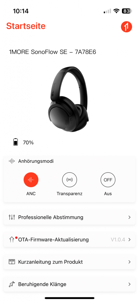 1More SonoFlow SE HQ30 Over-Ear-Kopfhörer App Ansicht Hauptmenü