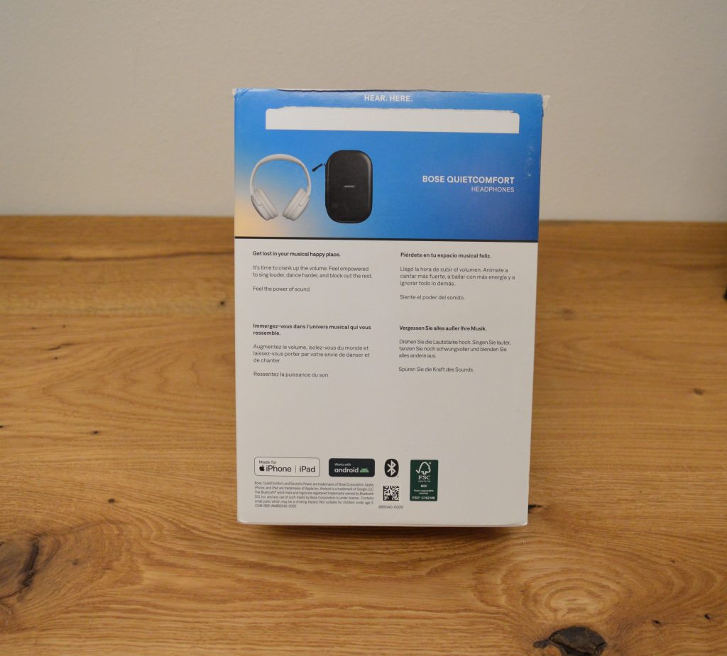 Bose QuietComfort Over-Ear-Kopfhörer Verpackung Rückseite.
