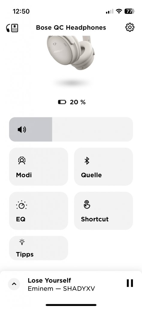 Bose QuietComfort Over-Ear-Kopfhörer App Hauptmenü