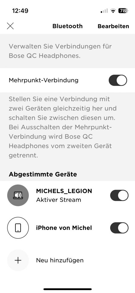 Bose QuietComfort Over-Ear-Kopfhörer App Bluetooth Einstellungen
