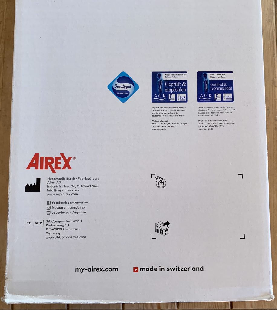 AIREX® Fitline 180 Gymnastikmatte Informationen zu den Zertifizierungen auf dem Karton