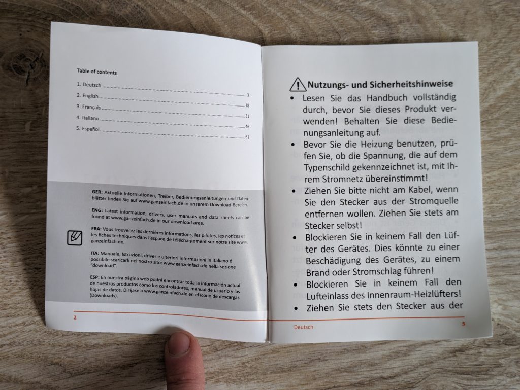Anleitung des Brandson Heizlüfters geöffnet
