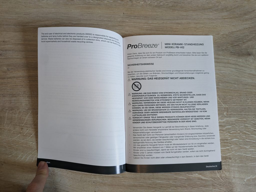 Anleitung des Pro Breeze Mini Heizlüfters geöffnet