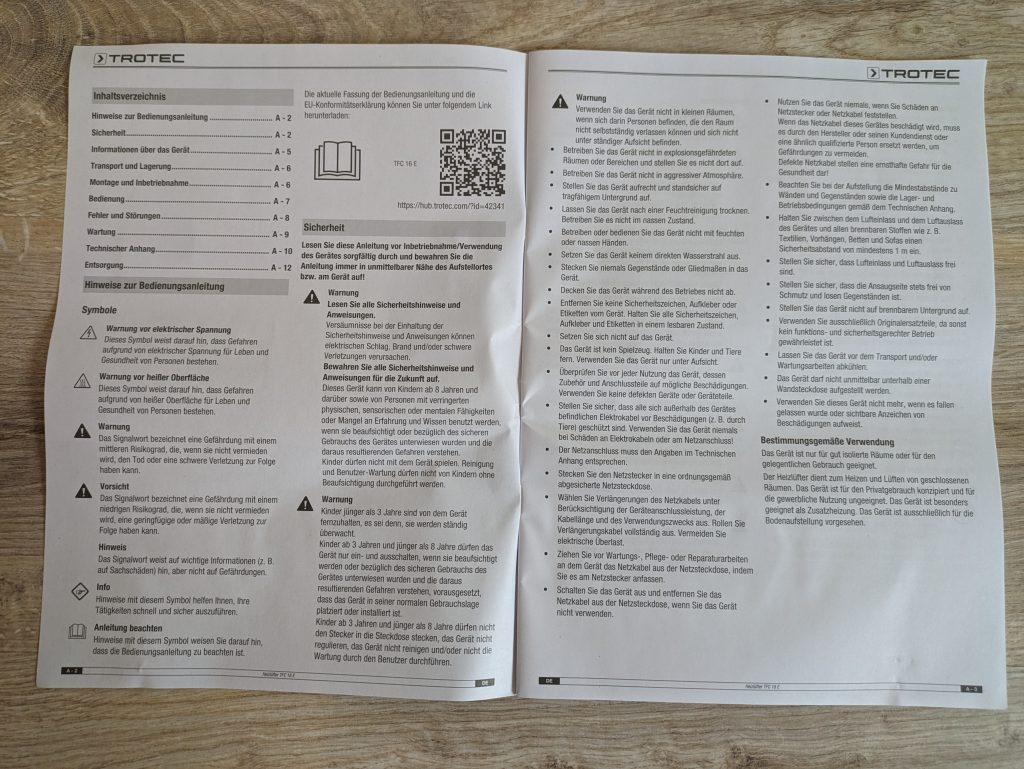 Anleitung des TROTEC TFC 16 E Heizlüfters geöffnet