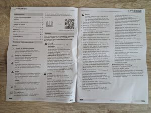 Anleitung des TROTEC TFC 16 E Heizlüfters geöffnet