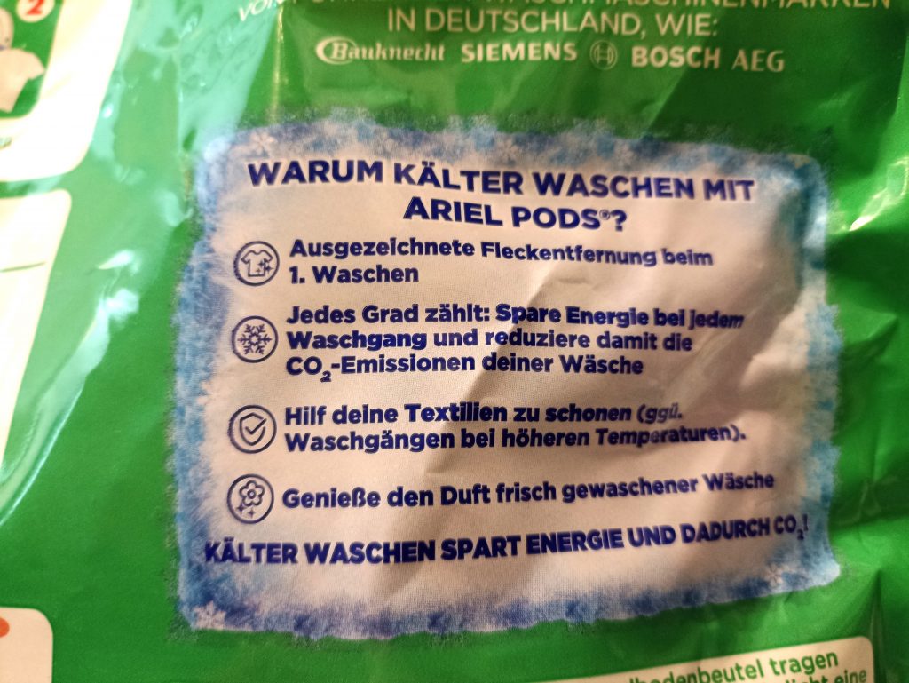 Ariel Allin1 PODS Waschmittel, Verpackung Rückesite, Beschriftung, Warum kälter waschen